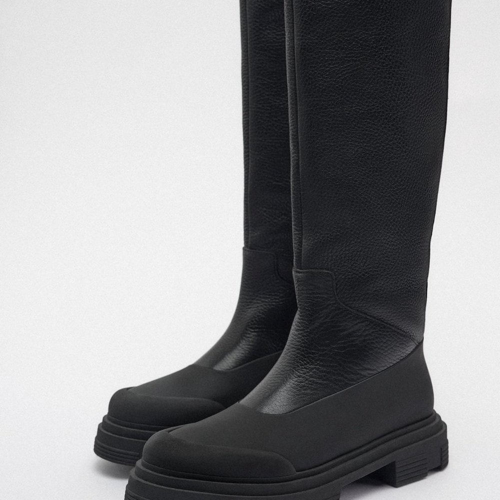 ZARA SHEARLING LINED MID-CALF LEATHER BOOTS- US 8, EU 39 / NEW